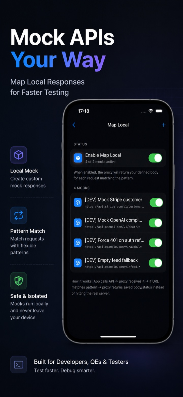 Moni Proxy Map Local screen defining mock responses for matching endpoints