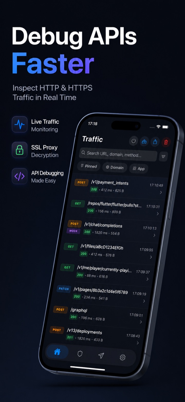 Moni Proxy traffic list showing captured requests to choose one to mock